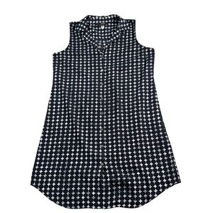 Alfani Petite Sleeveless Button Down Shirt Navy White Geometric Print Size 8P